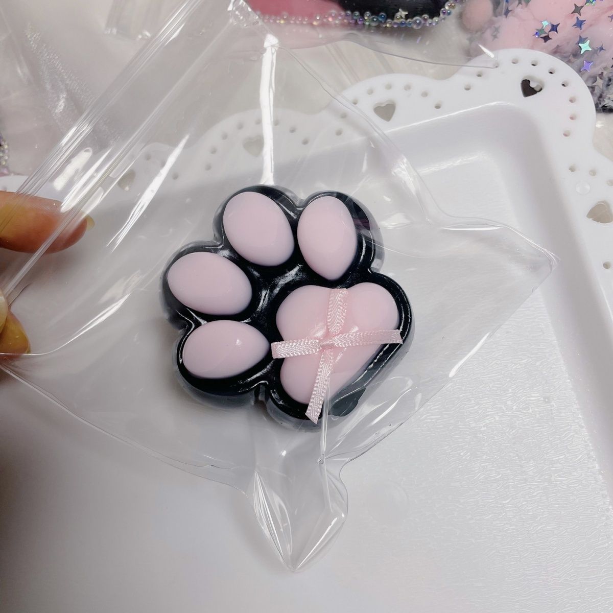 Hamemade Silicone Cat's Paw  Stress Relief Squishy Toy Black-Pink Black -White